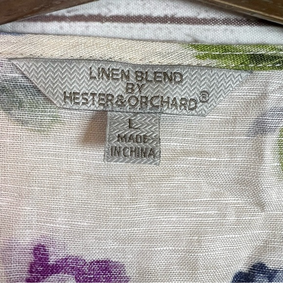 Hester & Orchard Linen Blend Blouse Floral Button Closure Tie sleeve Size L - Picture 6 of 9